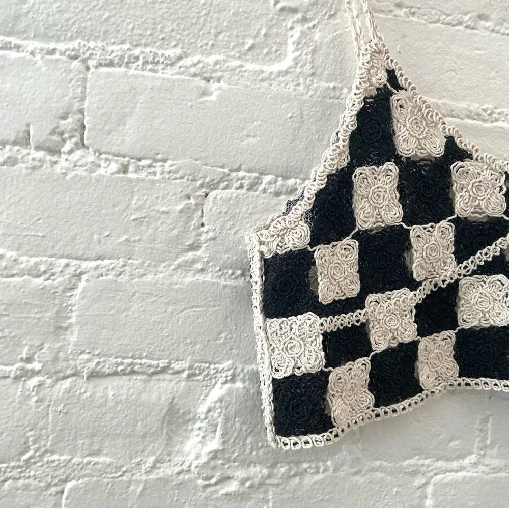 Love J Top Womens Crochet Cropped Tank Cream Black Granny Square Boho Festival - Picture 4 of 11